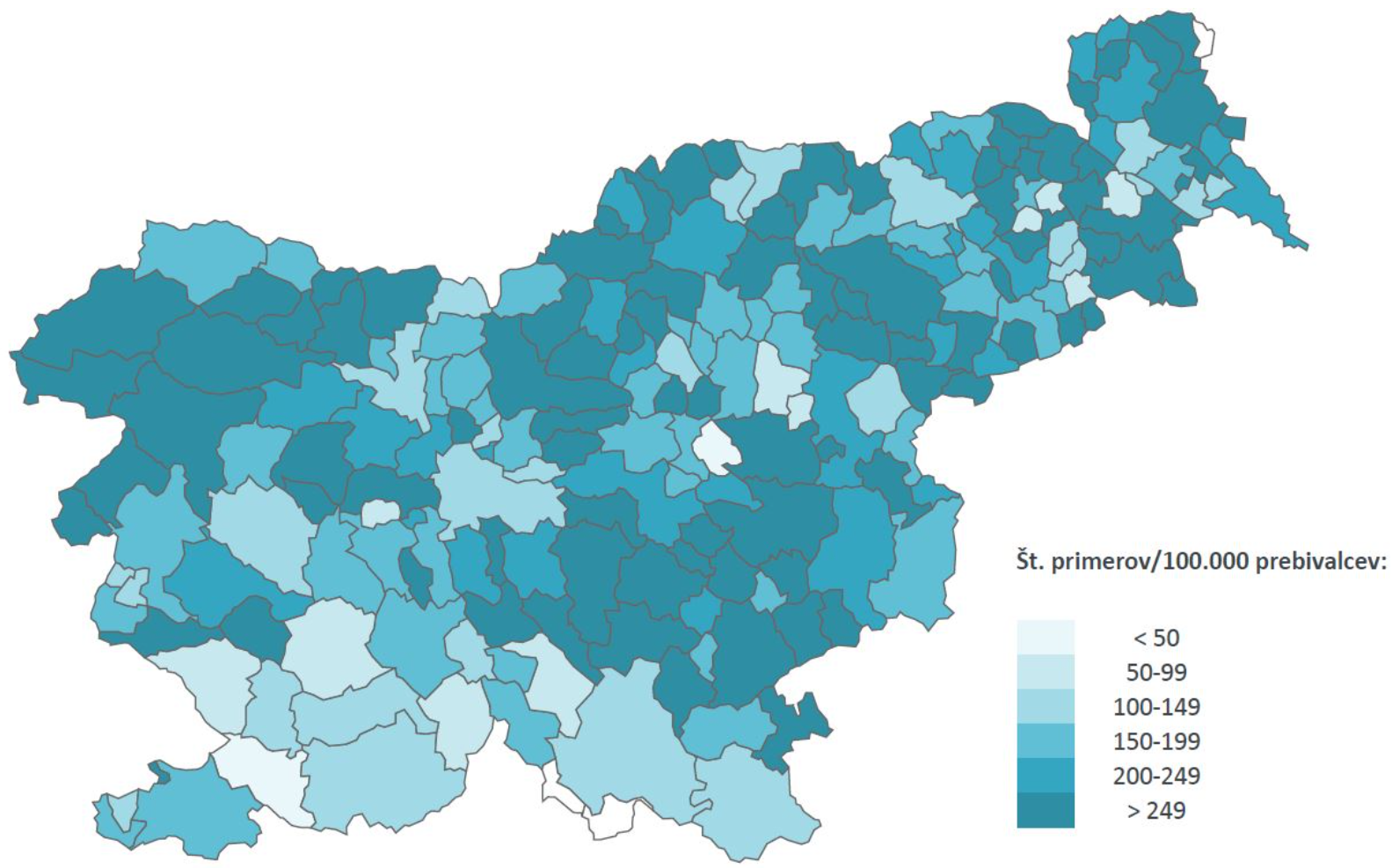 Število prijavljenih primerov lymske borelioze/100.000 prebivalcev, po občinah