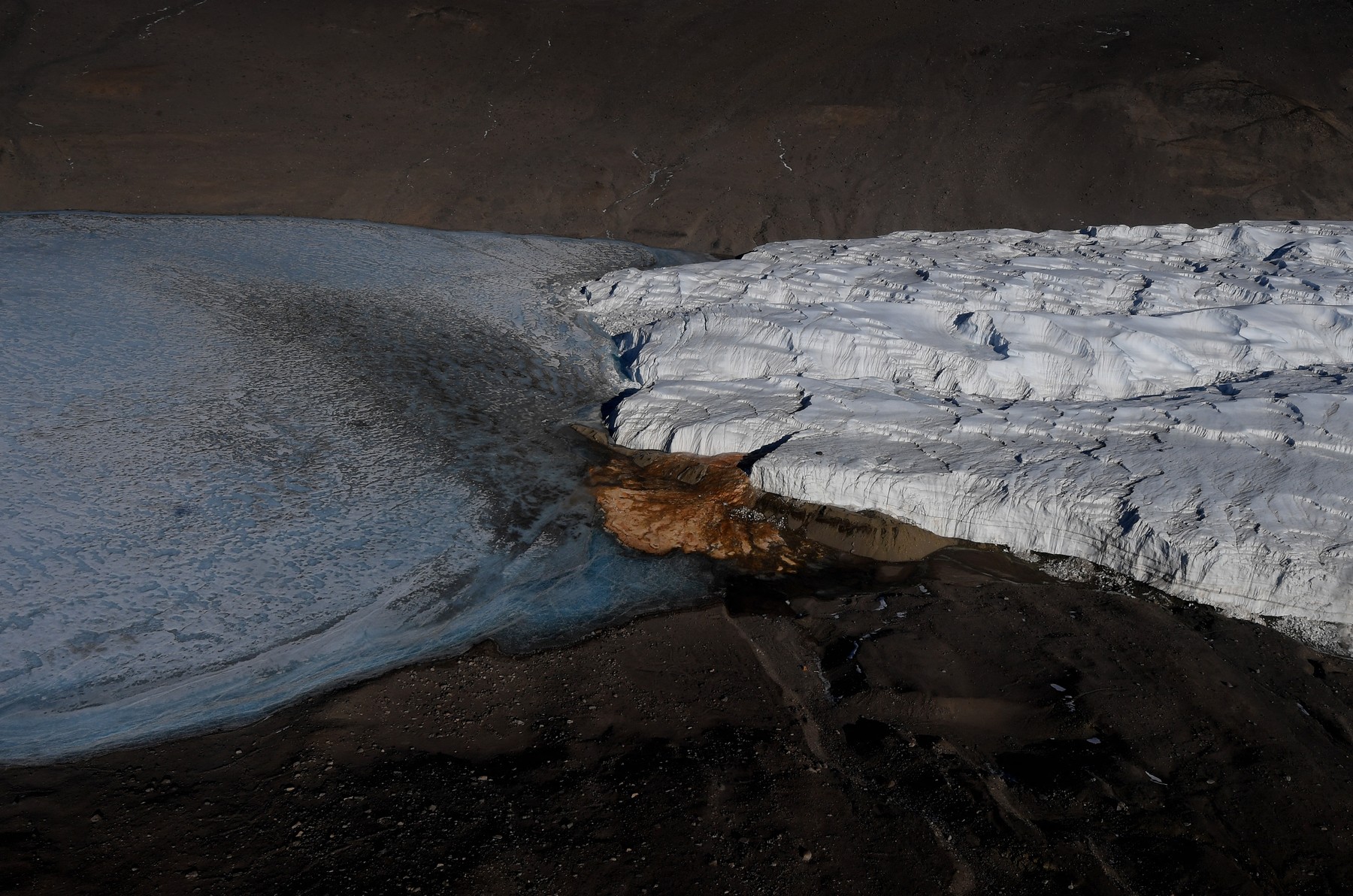 This general view shows an aerial view of Blood Falls and the Taylor Glacier