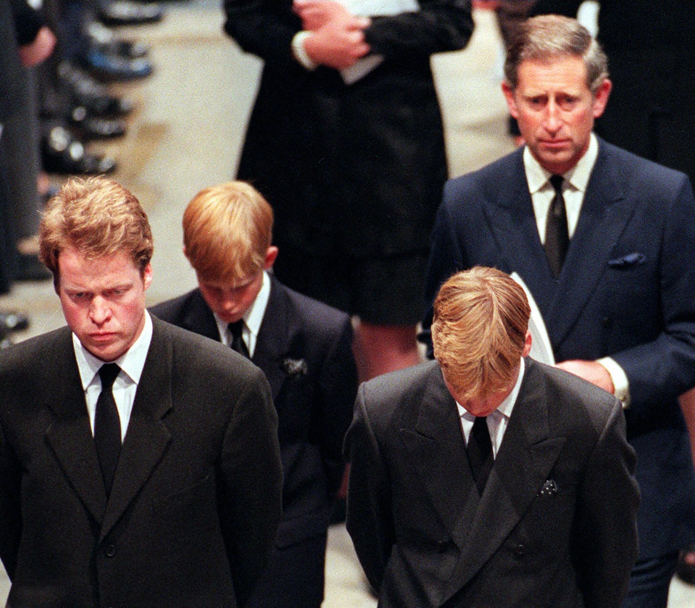 Charels Spencer, Karel, William in Harry na pogrebu princese Diane