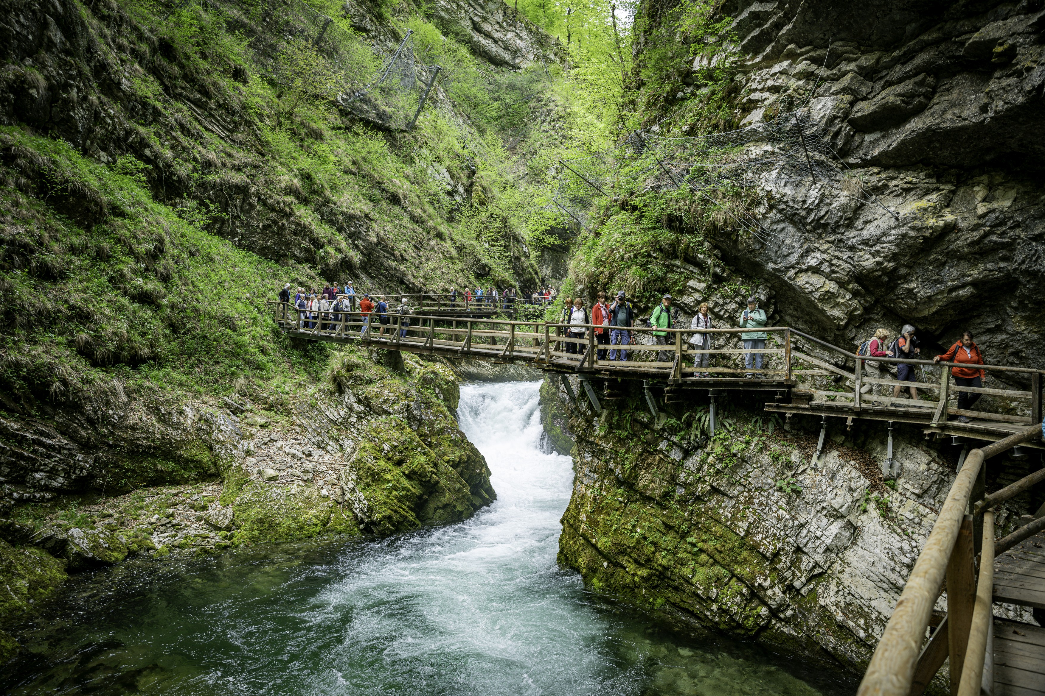 Podhom,Slovenia,06-05-2023:people at the vintgar gorge waterfall in Slovenia, Triglav national park.