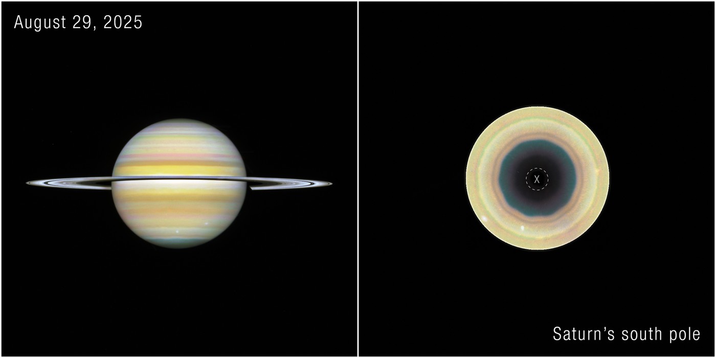 posnetek Saturna in desetkotnika na južni hemisferi, ki ju je posnel teleskop Hubble