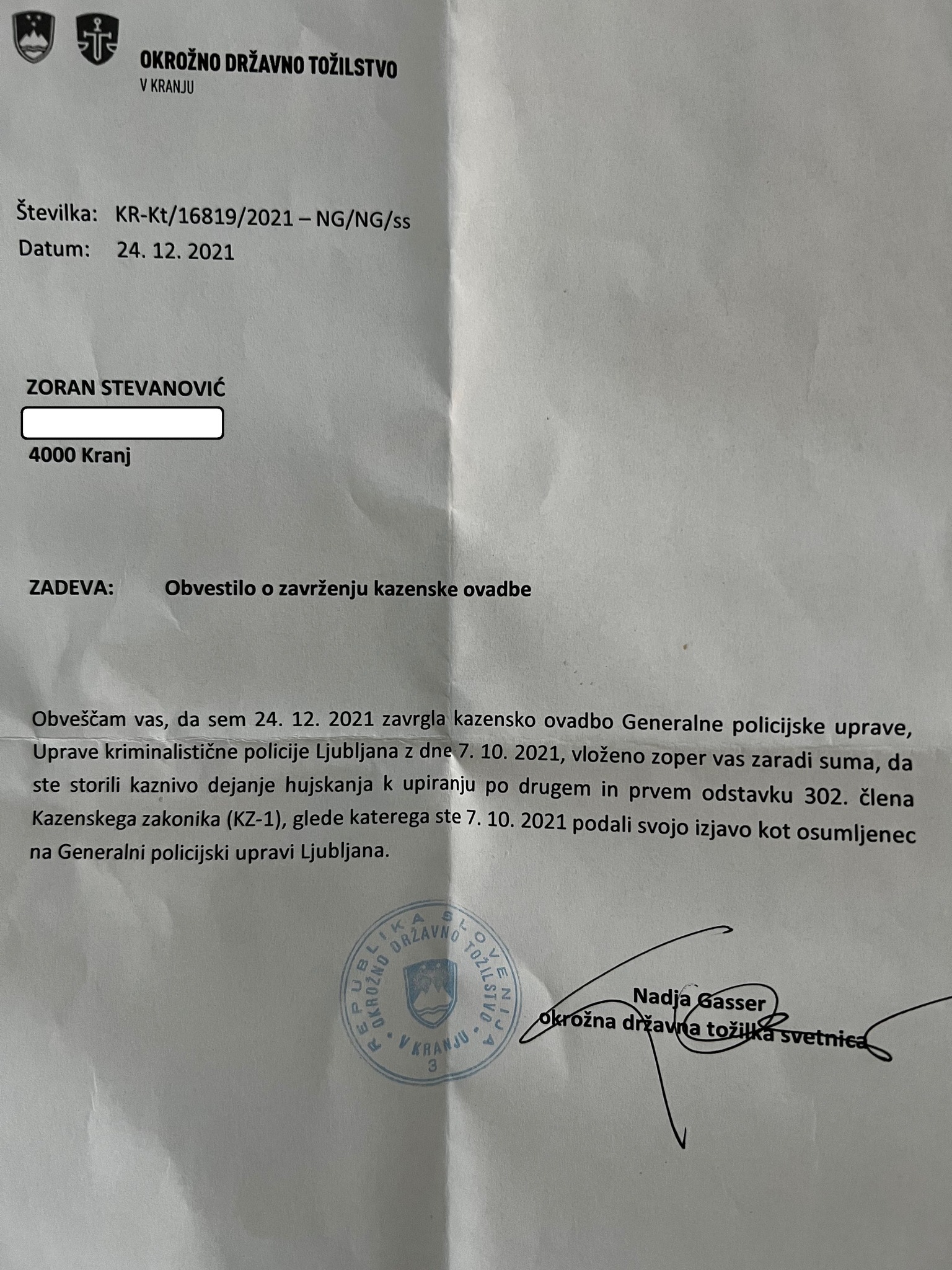 dopis tožilstva Stevanović
