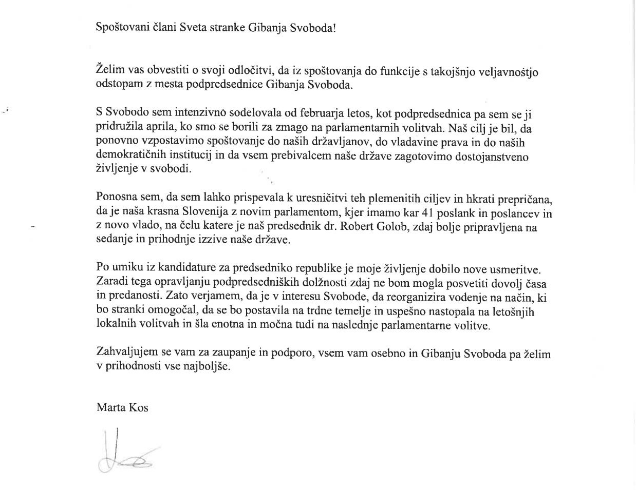 Odstopna izjava Marte Kos z mesta podpredsednice Gibanja Svobode