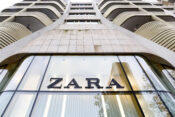 The Zara clothing store logo is seen at the entrance of a store, in Brussels