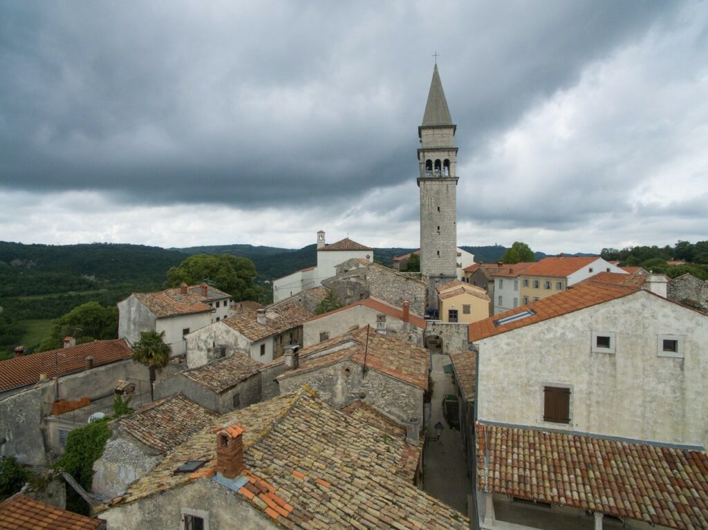 Aerial view from a drone of the main square of the village of Pican, central Istria, Croatia