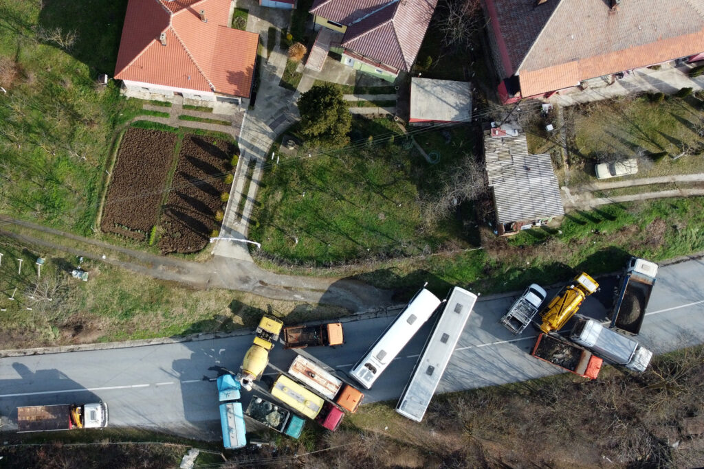 A roadblock is seen in Rudare, near the northern part of the ethnically-divided town of Mitrovica