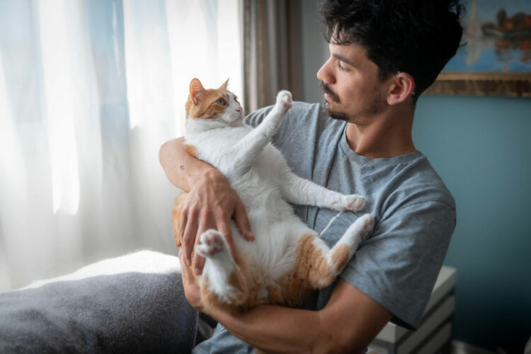 Moški drži mačko