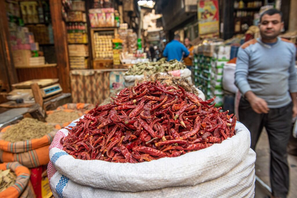 Posušeni rdeči čili na tržnici v Egiptu
