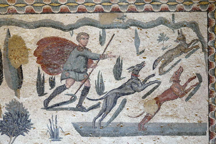Mozaik, ki prikazuje lov z lakonijskimi psi. Odkrili so ga na Siciliji.