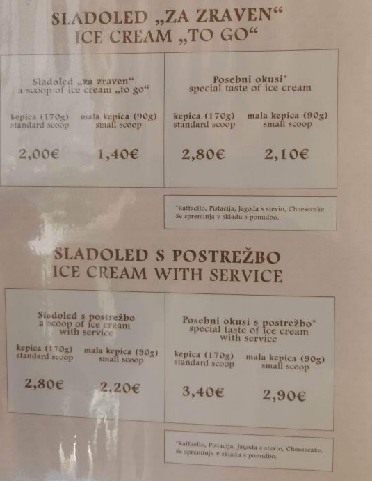sladoled, Maribor, cena, cenik