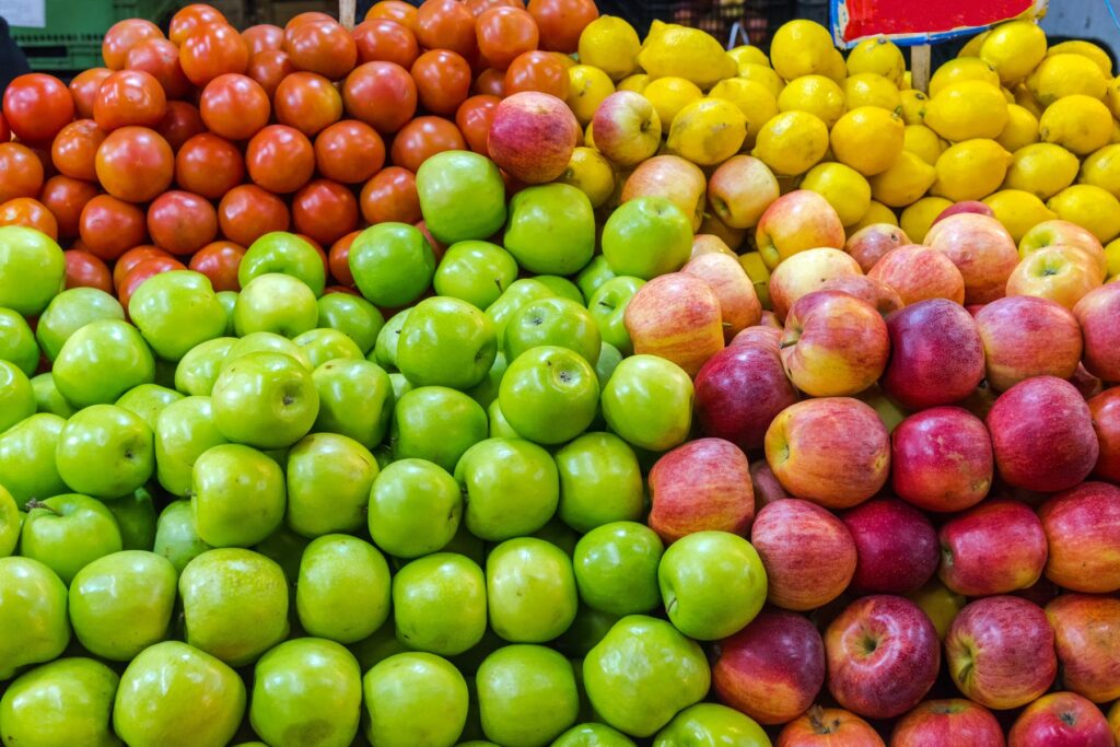 jabolka, limone, paradižniki, tržnica, sadje, zelenjava