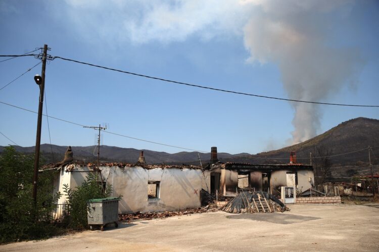 Posledice požara, ki divja na severovzhodu Grčije.