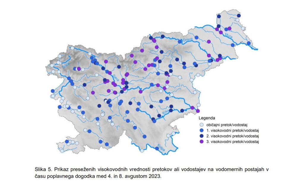 Prikaz preseženih visokovodnih vrednosti pretokov ali vodostajev na vodomernih postajah v času poplavnega dogodka med 4. in 8. avgustom 2023