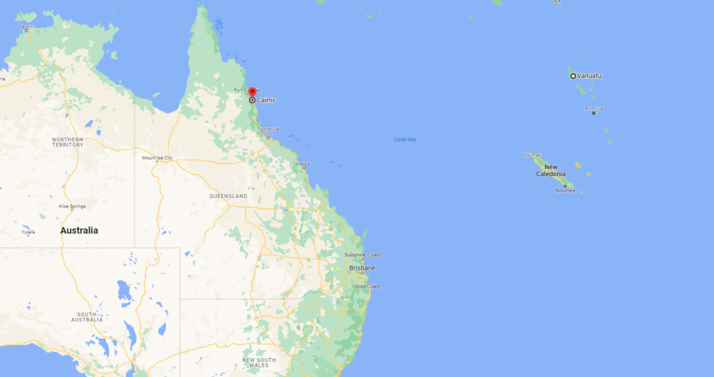 Zemljevid severovzhodni del Avstralije in Koralno morje.