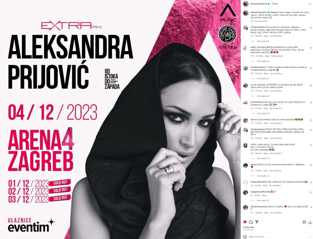 Aleksandra Prijović, Instagram, najava koncerta v Zagrebu