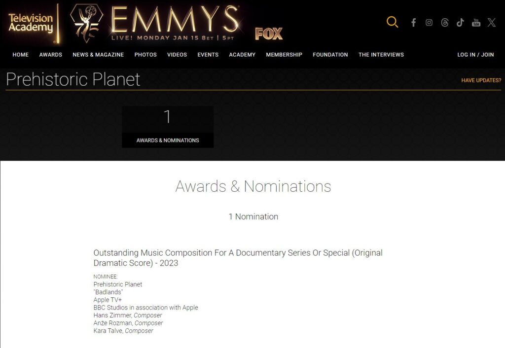 Nominacija za Emmy, Anže Rozman, Prehistoric Planet, filmska glasba, dokumentarec