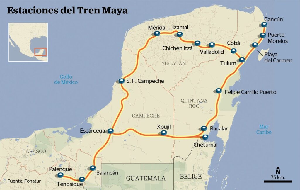 Potek železniške proge Majevski vlak na Jukatan