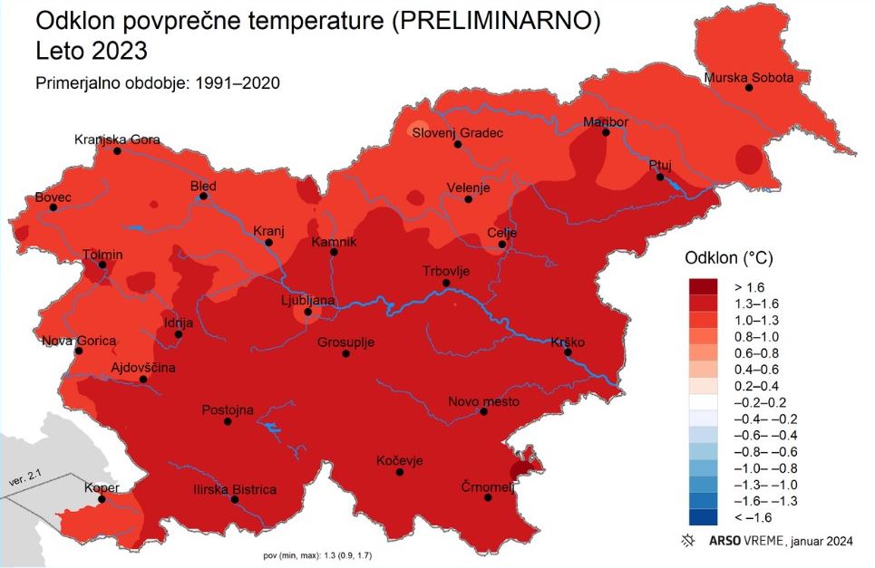 zemljevid odklon povprečne temperature