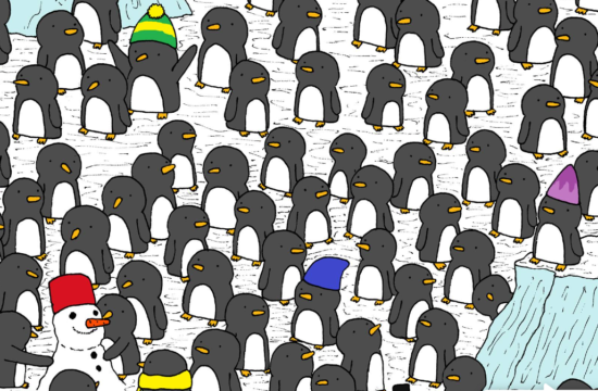 Iskanje pingvina, ki v rokah drži skodelico vroče čokolade