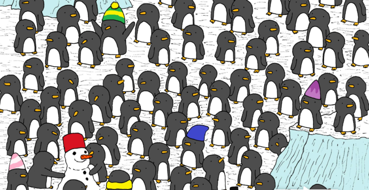 Iskanje pingvina, ki v rokah drži skodelico vroče čokolade
