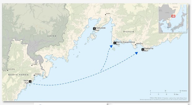Zemljevid transporta pošiljk med Severno Korejo in Rusijo