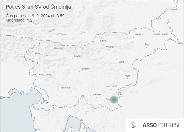 zemljevid Slovenije z označenim krajem potresa