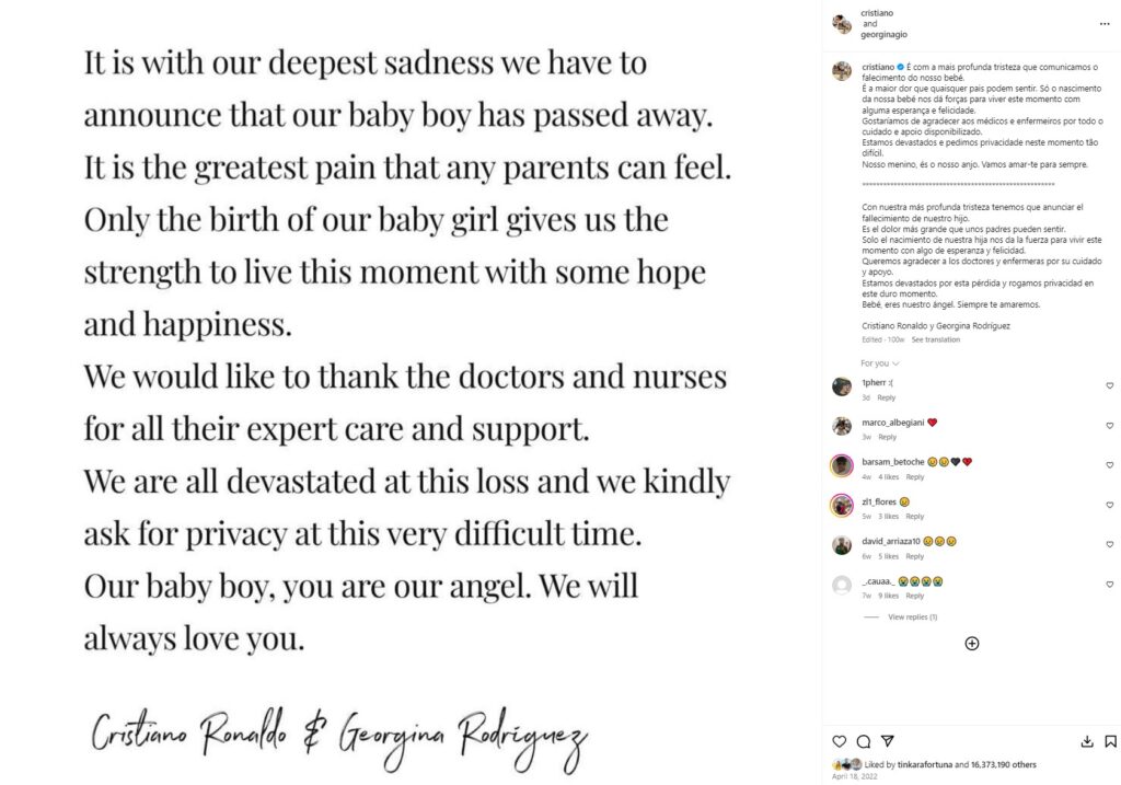 Sporočilo Christiana Ronalda in Georgine Rodriguez na Instagramu, otrok, rojstvo, smrt