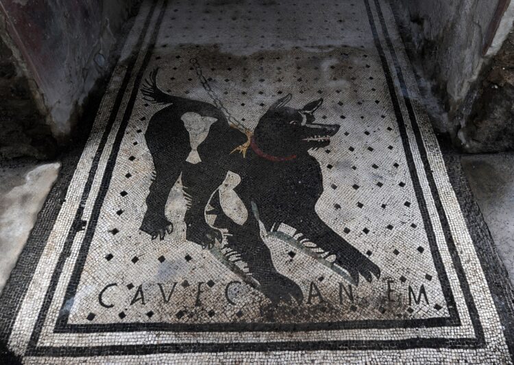 Mozaik s psom v vili v Pompejih z napisom "Pozor, pes"