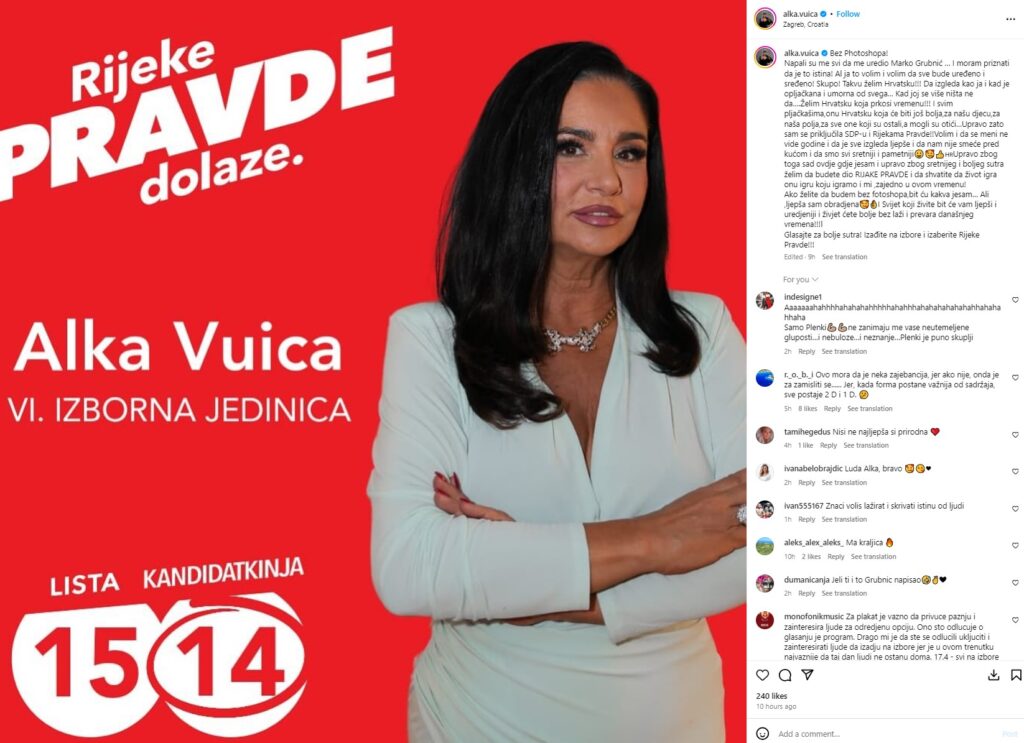 Alka Vuica, letak, Hrvaška, hrvaške parlamentarne volitve 2024,, Instagram