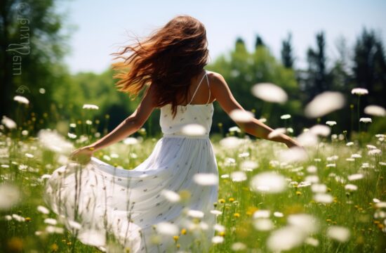 mlada ženska brezskrbno teče po pomladnem travniku