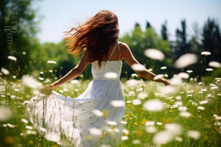 mlada ženska brezskrbno teče po pomladnem travniku