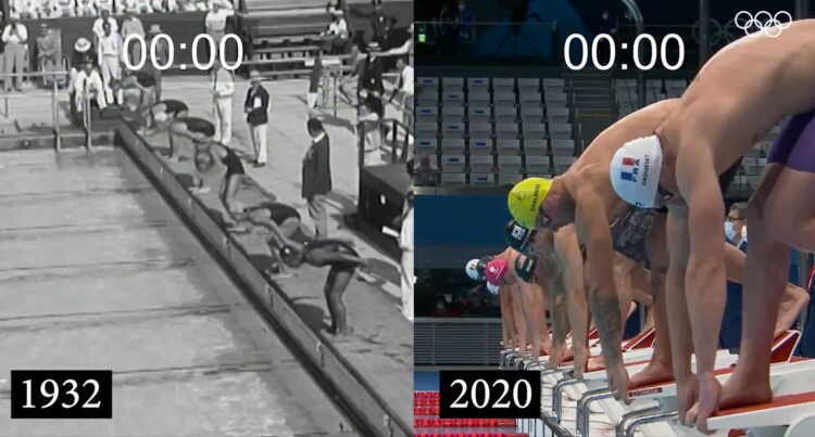 olimpijske igre, Los Angeles, 1932, Tokio 2020, plavanje, 100 m prosto, primerjava