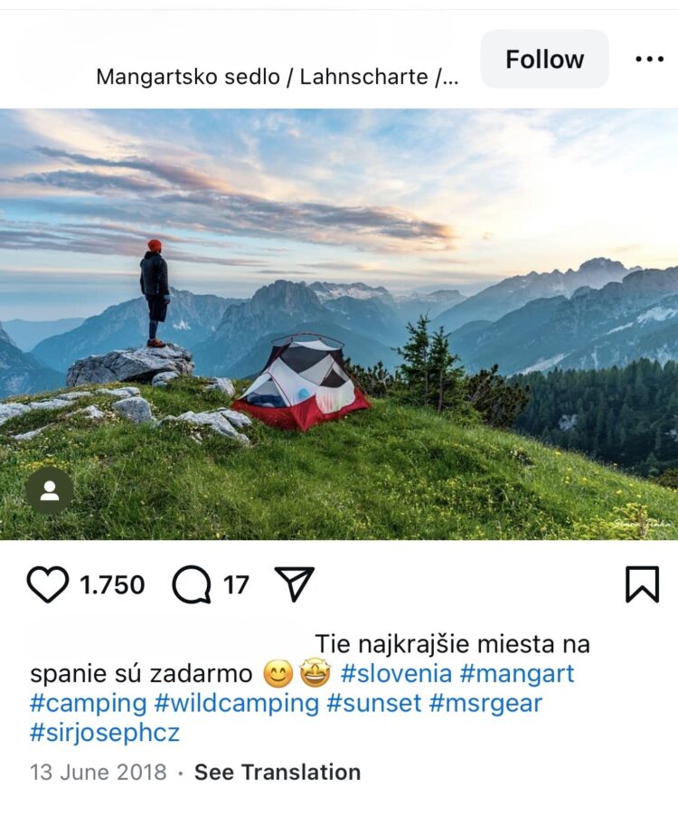 Instagram objava divjega kampiranja