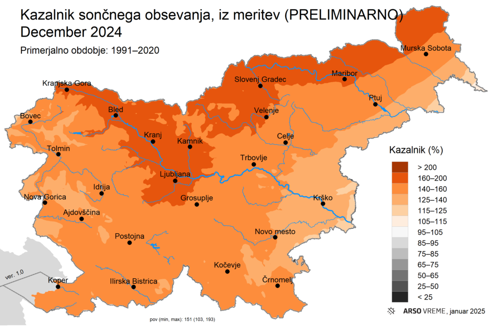 Količina sončnega obsevanja decembra